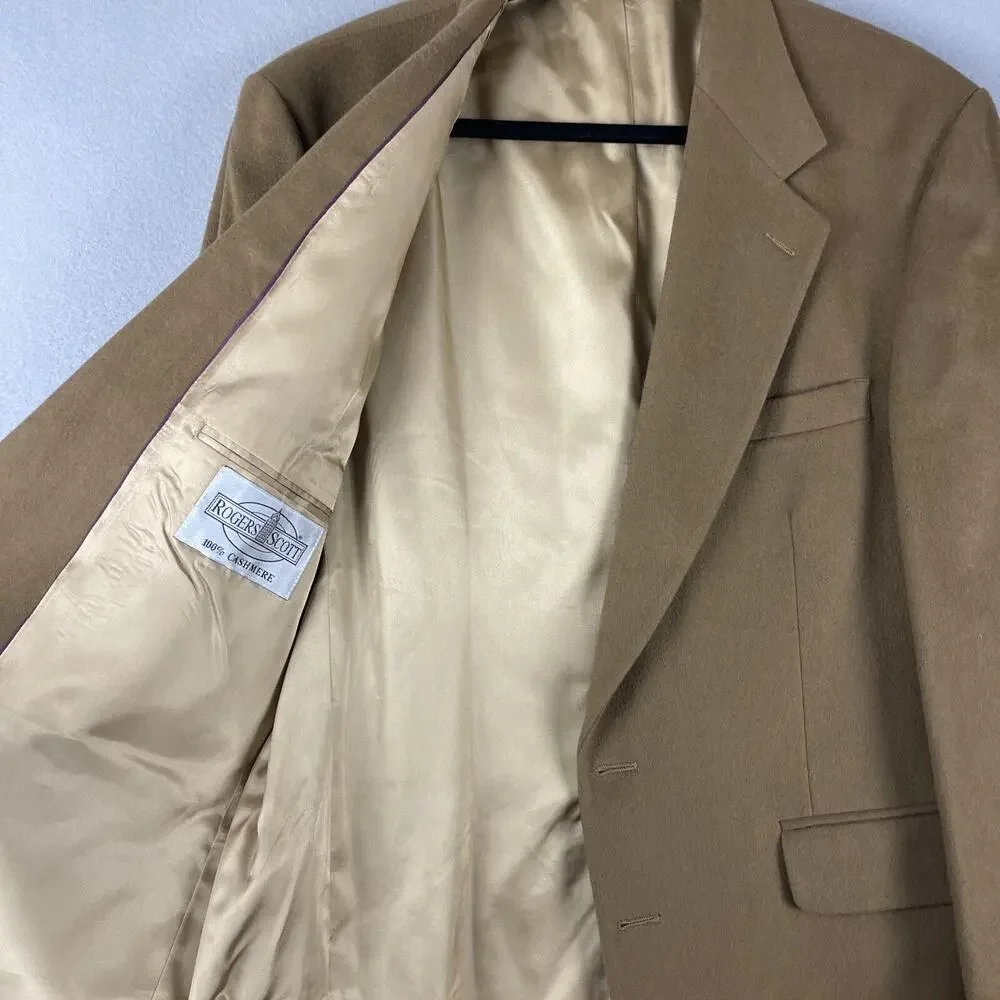 VTG Rogers Scott Cashmere Blazer Sport Coat Mens 44R Tan USA Made Career